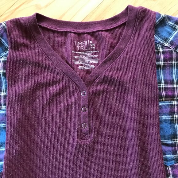 Upcycled Plaid And Waffle Knit Pullover: Oversized Plum Long Sleeved Flannel Tee - Picture 6 of 11